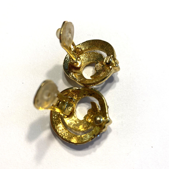 Dressy Vintage Clip On Earrings Gold & Clear White Rhinestone Swirls Chic 90's - Picture 6 of 6